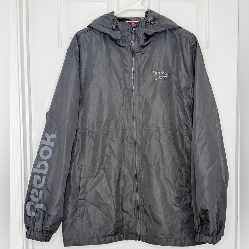 REEBOK Mens Windbreaker Jacket Black XL Full Zip Hoodie Lined Embroidered Snap